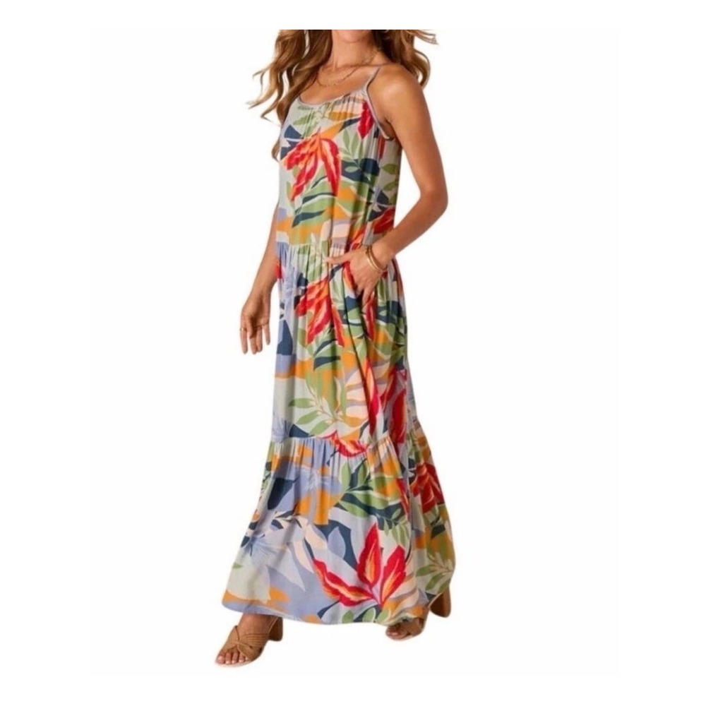 Tropical Dress Resort Goa Beachwear by Japna Floral Maxi Dress Womens S Tiered